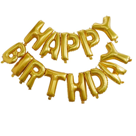 Gold foil balloon bunting spelling 'Happy Birthday', includes 13 balloons, perfect for festive celebrations.