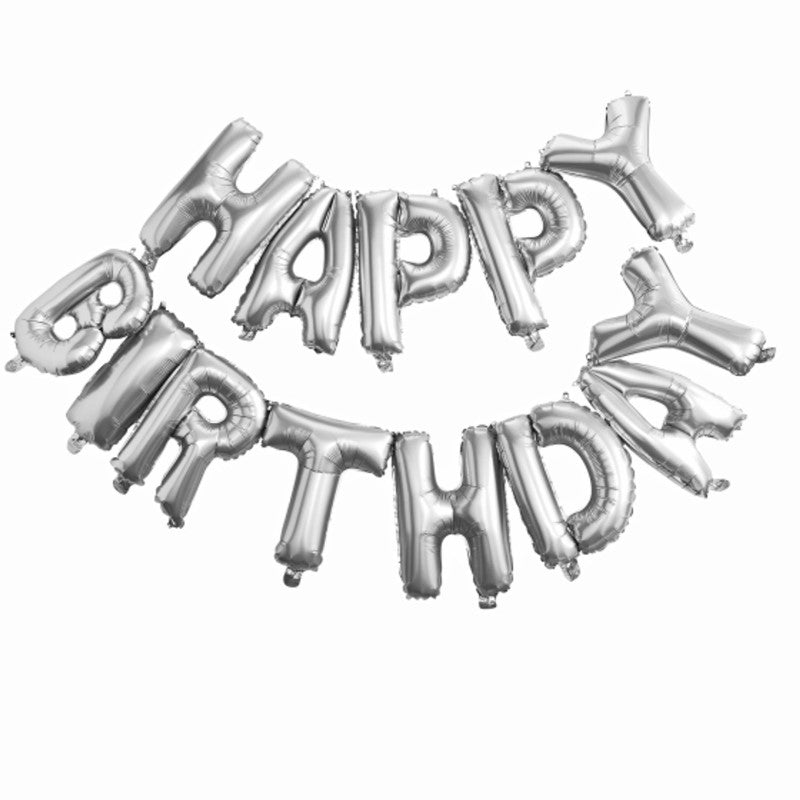Silver foil birthday bunting spelling 'Happy Birthday' with 13 balloons, perfect for festive celebrations.