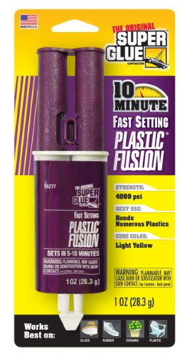 Fast-setting super glue for plastic, 28.3g, ideal for quick repairs and projects.