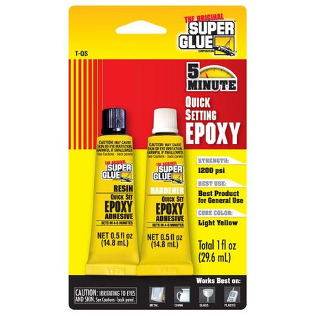 Fast-acting 5-minute epoxy adhesive for strong, crystal-clear bonds on various materials in a 29.6ml bottle.