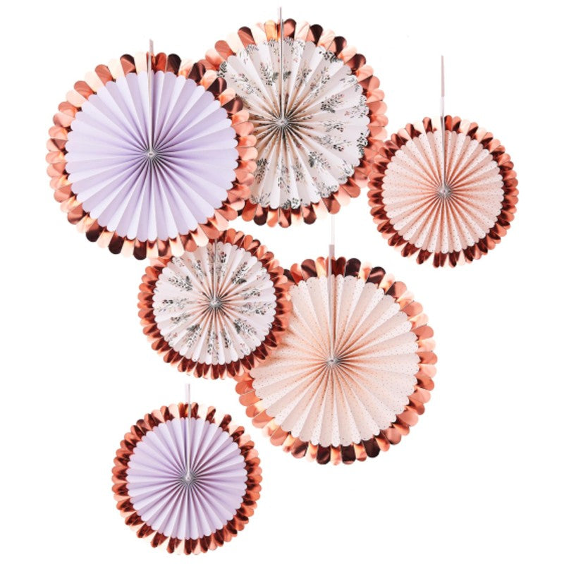 Pastel floral fan decorations in soft colors, perfect for a tea party or celebration, pack of 6 with large and small fans.