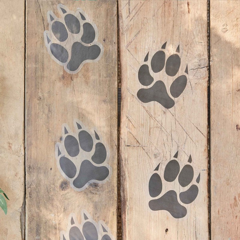 Colorful animal pawprint floor stickers for guiding guests at jungle-themed parties, pack of 6, 170mm x 133mm.