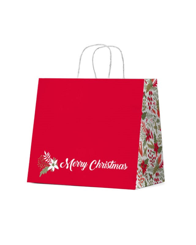 Christmas Gift Bag - Xmas Flowers &amp; Berries on White Wide Gusset Large
