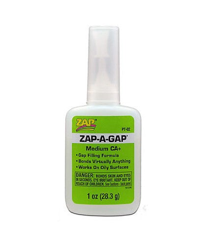 ZAP-A-GAP hobby glue in a 28.3g bottle, ideal for precision bonding of metal, wood, ceramics, and more.