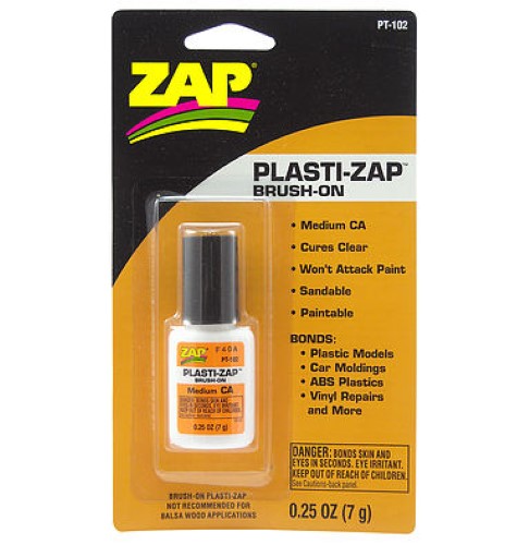 Plasti-Zap CA brush-on adhesive for plastic and vinyl, quick-drying, non-flammable, strong bond, ideal for detailed projects.