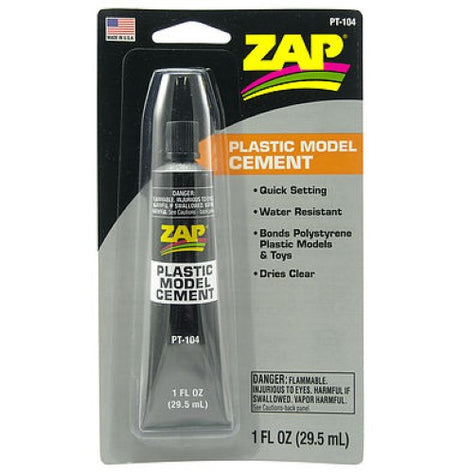 ZAP PT104 Hobby Glue, 29.5ml, quick-setting, water-resistant adhesive for bonding polystyrene and various materials.