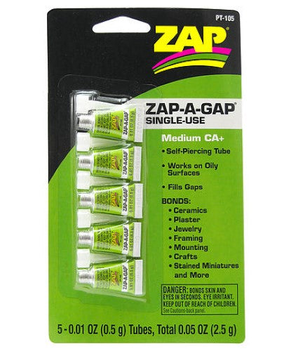 Zap-A-Gap Hobby Glue: Precision adhesive in self-piercing tubes, perfect for wood, plastic, metal, and ceramics.