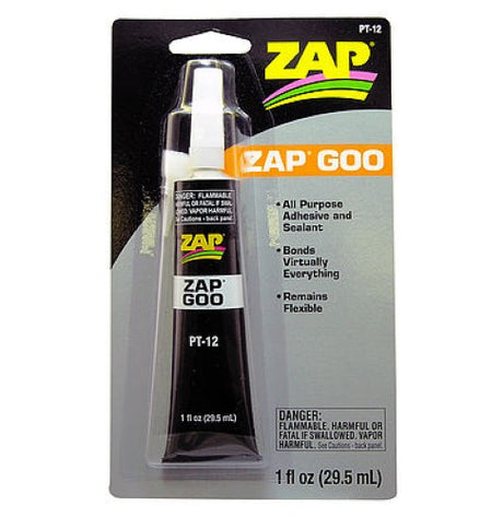 ZAP Goo 29.5ml adhesive tube, clear drying, flexible, bonds various materials for hobby and repair use.