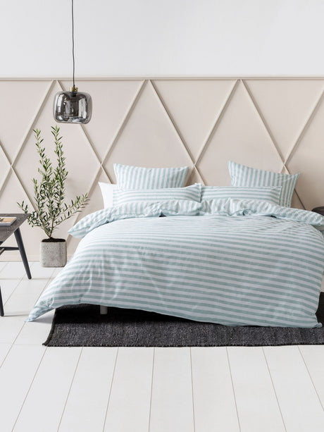 King duvet cover set in mineral and white, featuring reversible design and textured stripes, perfect for stylish bedroom decor.