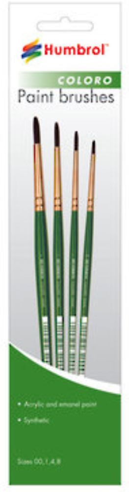 Humbrol Coloro Brush Pack featuring sizes 00, 1, 4, 8, ideal for precise detailing and versatile painting projects.