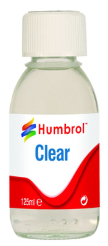 Humbrol 125ml Clear Gloss varnish, ideal for a glossy finish on models and crafts, enhancing color vibrancy and protecting surfaces.