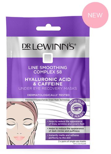 Dr. LeWinn's under-eye recovery masks with hyaluronic acid and caffeine for fine lines, dark circles, and puffiness.