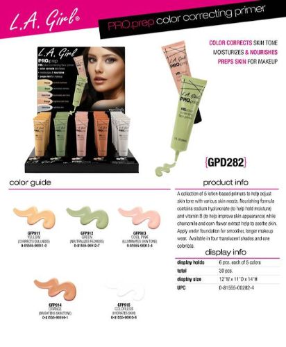 Display of 30 LA Girl color correcting primers in five vibrant shades for flawless makeup prep and skin tone correction.