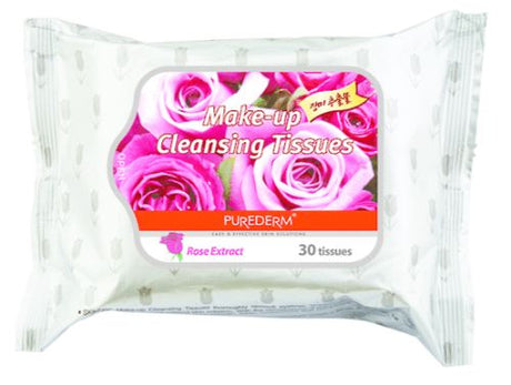 Purederm Makeup Remover Wipes - Rose, infused with rose extracts for gentle, effective makeup removal, 30 pre-moistened tissues.