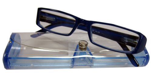 Stylish blue reading glasses +1.00 in protective case, perfect for reading and close-up tasks.