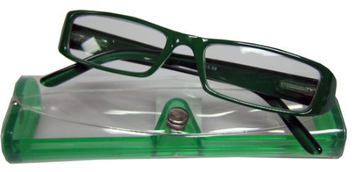 Stylish green reading glasses with +1.50 magnification in a case, perfect for reading with comfort and flair.