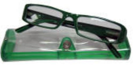 Green +1.00 reading glasses in a protective case, stylish and lightweight for comfortable reading anywhere.