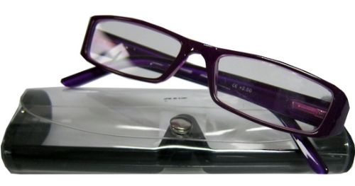 Stylish purple +1.50 reading glasses in a chic case, perfect for comfort and clarity on close-up tasks.