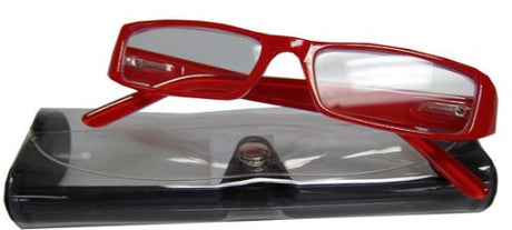 Red reading glasses in a stylish case, featuring +1.50 magnification for comfortable reading experiences.