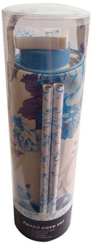 Pencil case set with blue floral design, includes 2 pencils, an eraser, and a sharpener, compact size 20x6cm.