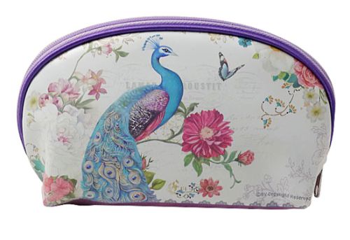 Vibrant peacock-themed cosmetic purse, stylish and functional for organizing beauty essentials, 22 x 7 x 12.7cm.