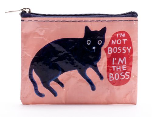 Colorful coin purse featuring 'I'm Not Bossy' text, made from recycled materials, ideal for coins and small essentials.