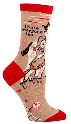 Bold 'I Hate Everyone Too' socks for women, size 5-10, featuring a humorous design and soft, comfy fabric blend.