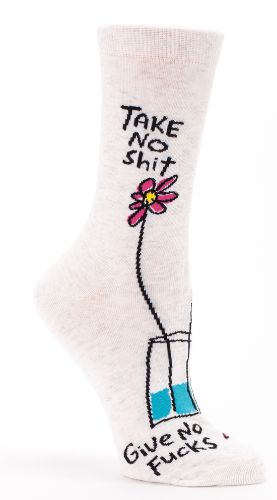 Bold 'Take No Shit' socks with playful flower print, perfect for women's sizes 5-10, combining comfort and attitude.