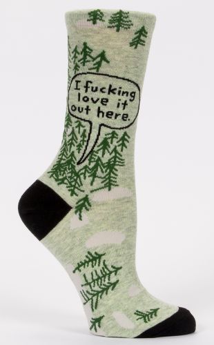 Vibrant women's socks with 'Fucking Love It Out Here' slogan, made for comfort and adventure, fitting sizes 5-10.