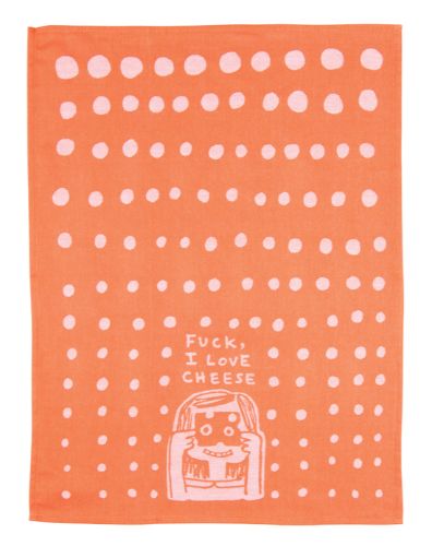 Humorous cotton dish towel featuring 'Fuck, I Love Cheese' for cheese lovers, ideal for drying dishes and spills.