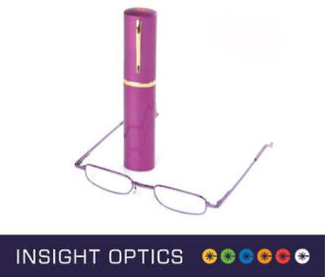 Unisex Insight Optics Tube Reading Glasses in a sleek metal case, available in multiple strengths and colors for stylish vision care.