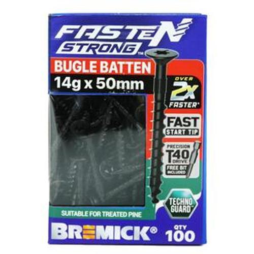 Fasten Strong Bugle Head Batten Screw 14g 50mm Black T40 inc. Driver Bit 100pk