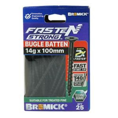 Fasten Strong Bugle Head Batten Screw 14g 100mm Black T40 inc. Driver Bit 25pk