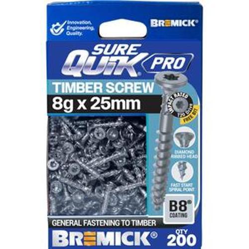 SureQuik Pro Wood Screw - Bremick 8G 25mm B8 T20 200 Packet