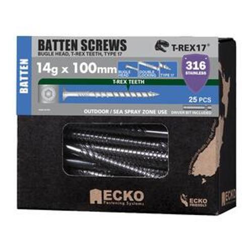 Batten Screw 100mm 14g 25 Pack Bugle Head T316 Stainless Steel - Ecko