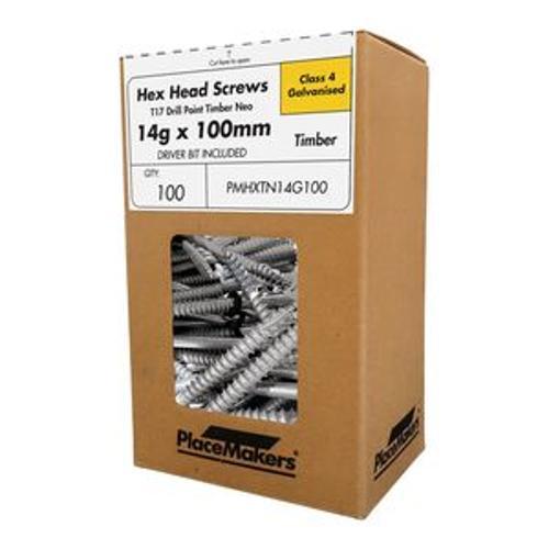 Hex Head T17 Screw Galv CL4 Neo Washer - PlaceMakers 14g 100mm 100 Pack