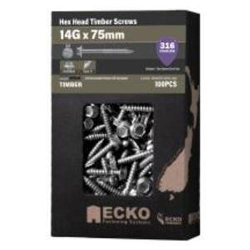 HEX T17 Screw Stainless Steel T316 14G x 75mm 100 Box