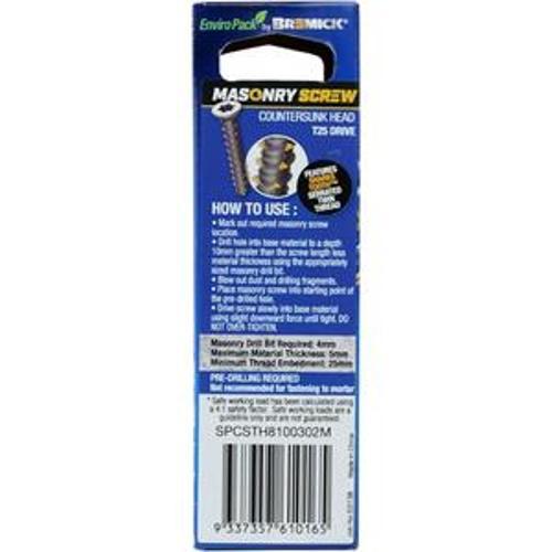 Masonry Screw Countersunk Head B8 T25 5 x - Bremick 30mm 25 Box