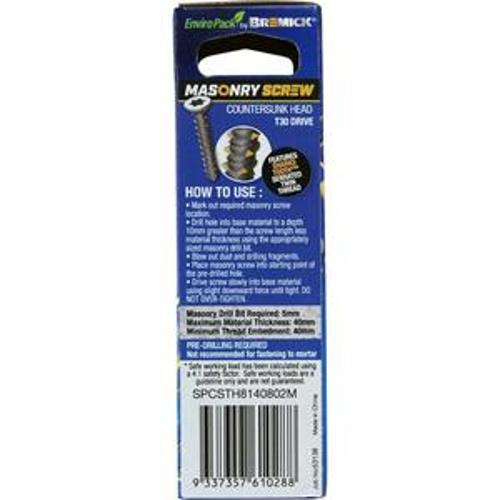 Masonry Screw Countersunk Head B8 T30 6.5 x - Bremick 80mm 12 Box