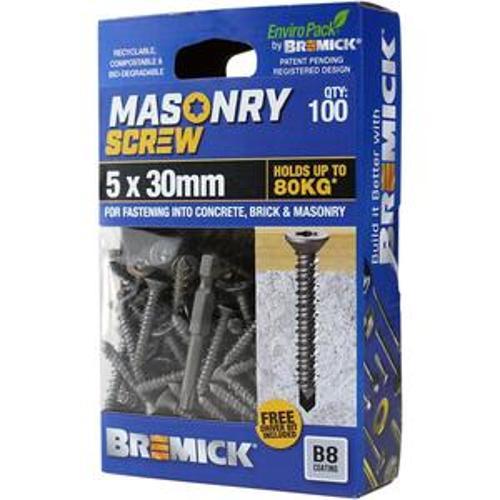 Masonry Screw Countersunk Head B8 T25 5 x - Bremick 30mm 100 Box