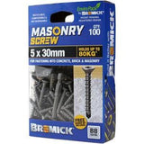 Masonry Screw Countersunk Head B8 T25 5 x - Bremick 30mm 100 Box