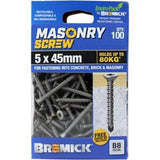 Masonry Screw Countersunk Head B8 T25 5 x - Bremick 45mm 100 Box