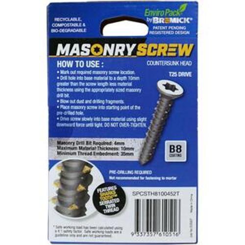 Masonry Screw Countersunk Head B8 T25 5 x - Bremick 45mm 100 Box