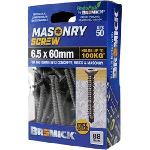 Masonry Screw Countersunk Head B8 T30 6.5 x - Bremick 60mm 50 Box