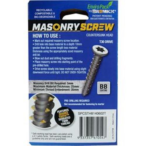 Masonry Screw Countersunk Head B8 T30 6.5 x - Bremick 60mm 50 Box