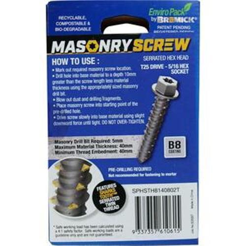 Masonry Screw HEX Head B8 T25 6.5 x - Bremick 80mm 50 Box