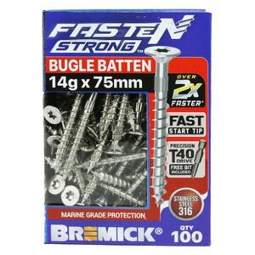 Fasten Strong Bugle Batten Screw Stainless Steel 316 T40 14g 75mm 100 Box