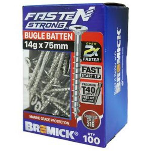 Fasten Strong Bugle Batten Screw Stainless Steel 316 T40 14g 75mm 100 Box