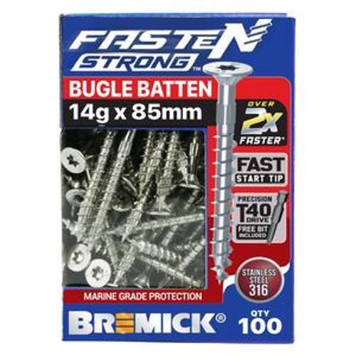 Fasten Strong Bugle Batten Screw Stainless Steel 316 T40 14g 85mm 100 Box