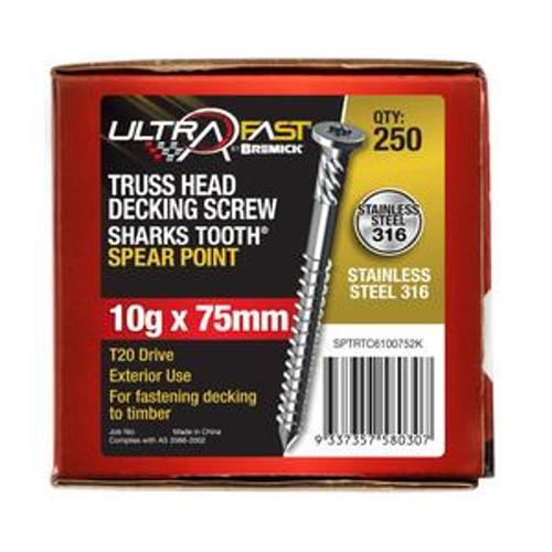 UltraFast Decking Screw T316 Spear Point Truss Head 10G 75mm T20 250 Pack